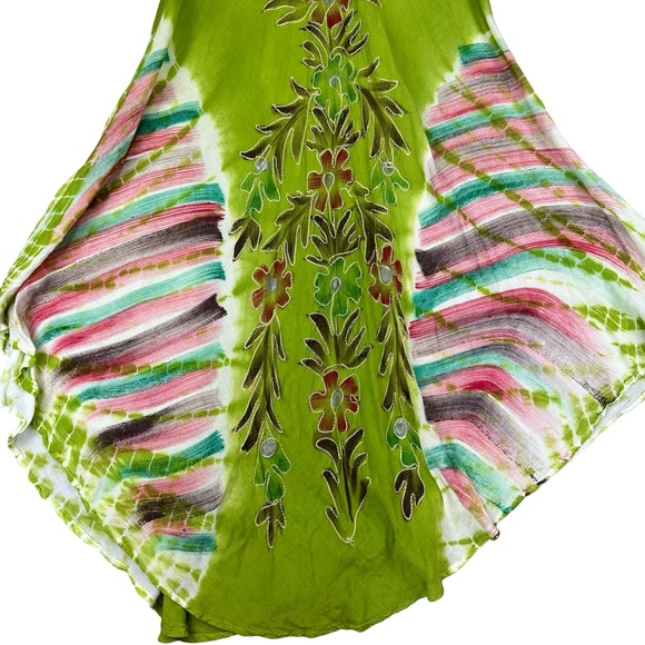 Boutique Green Floral Boho Tie Dye Sleeveless Flowing A-Line Dress Free Size - Picture 2 of 9